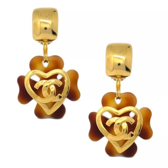 Auth Chanel Clover Dangle Earrings Gold Clip-On - Picture 1 of 9